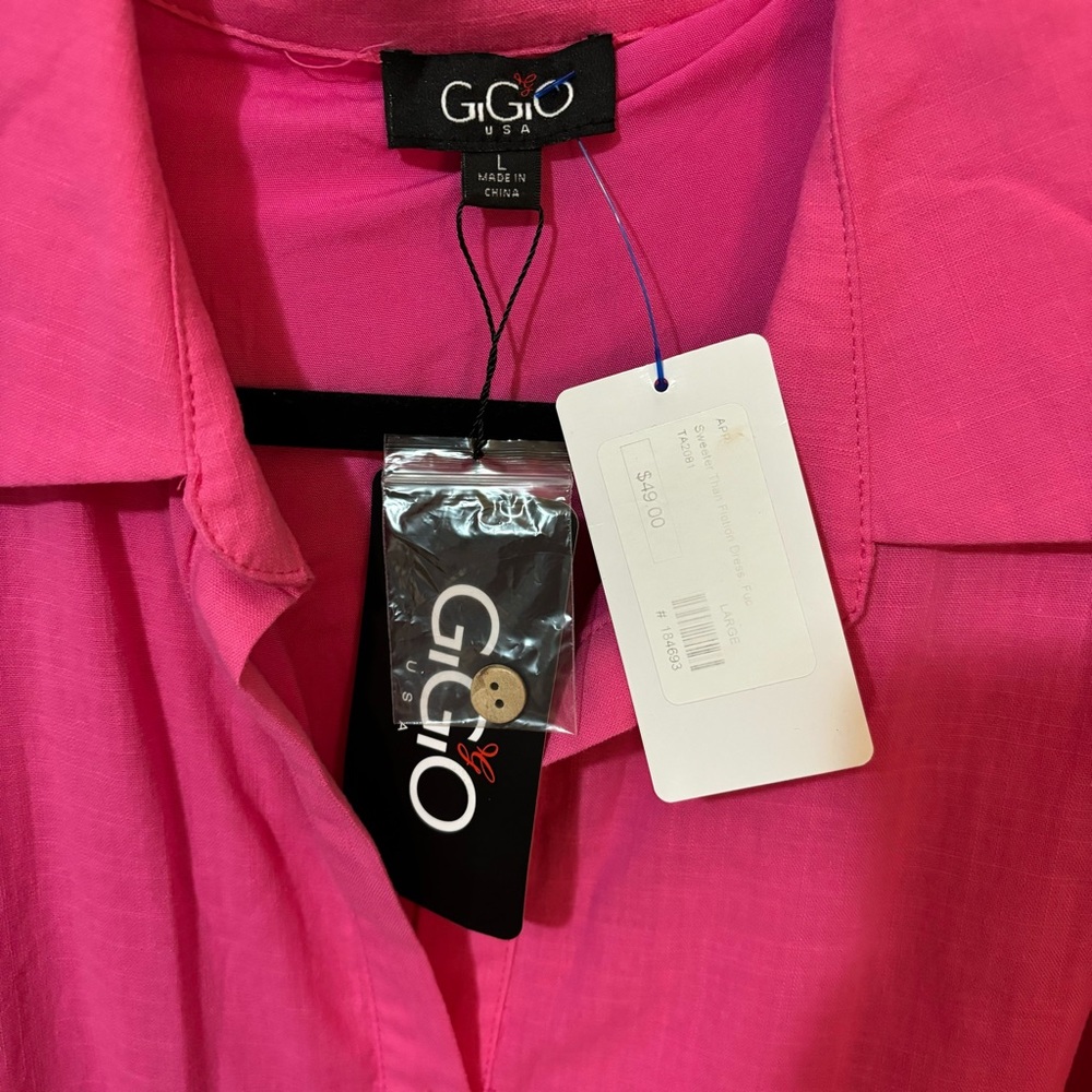 GiGiO Long Sleeve Mini Dress Button Down Collared 100% Cotton Pink Barbie - Picture 6 of 8